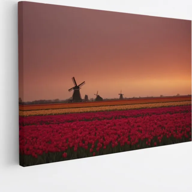 Saammp Canvas Schilderij - Landschap - bloemenveld met een molen - Natuur - 40x30 - Foto op canvas - Wanddecoratie - Muurdecoratie Woonkamer - Slaapkamer decoratie - Canvas Print Multicolor