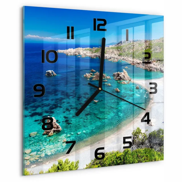 TULUP Wandklok - Baai Decoratieve Glazen Klok - 30x30 cm - Blauw Glazen Wandklok Design - Zwarte handen - Vierkante Klok - Glazen Klok Met Print - Wandklok Glas Met Motief