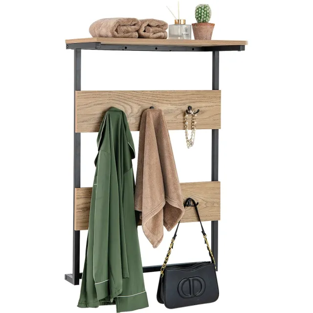 Costway Wandkapstok met plank, wandrek met 6 haken, industri毛le kapstok met metalen frame, kledingstang, garderobepaneel voor ingang, woonkamer, slaapkamer, natuur Naturel