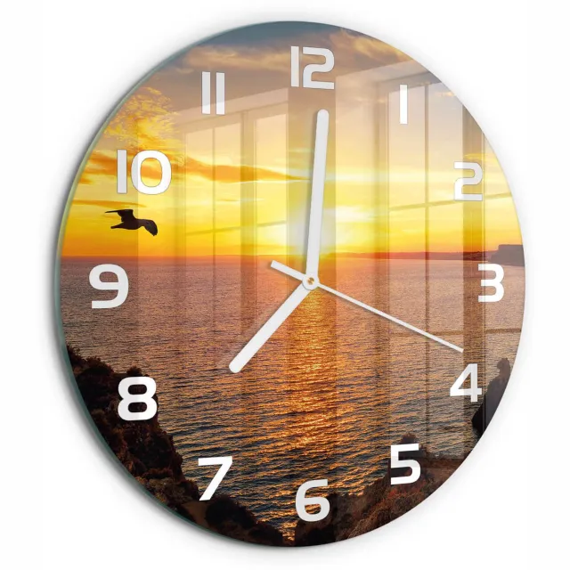 TULUP Wandklok - Zonsondergang Zee Wandklok Glas Decoratie - fi30 cm - Geel Gekleurde Glazen Klok - Witte handen - Ronde Klok - Klok Glas Met Opdruk - Moderne Wandklok Glas