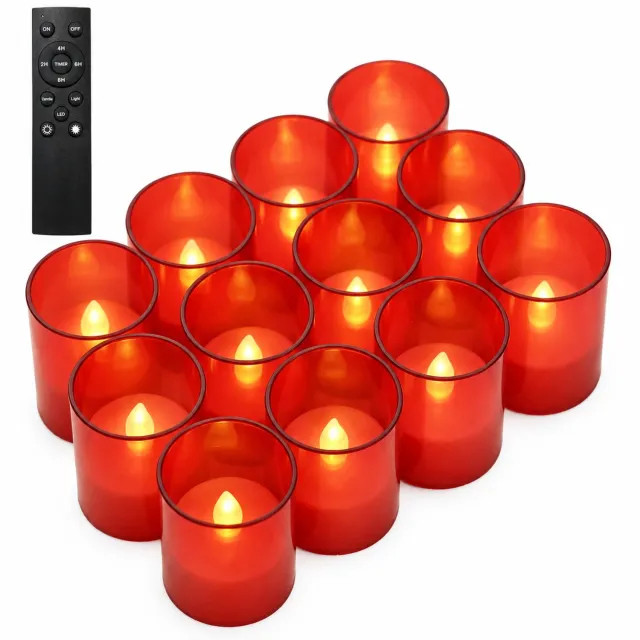 SWGOTA led kaarsen - 12 rode theelichtjes in bekertjes per doos, met grote afstandsbediening en vlamvorm voor bruiloftsdecoratie Rood