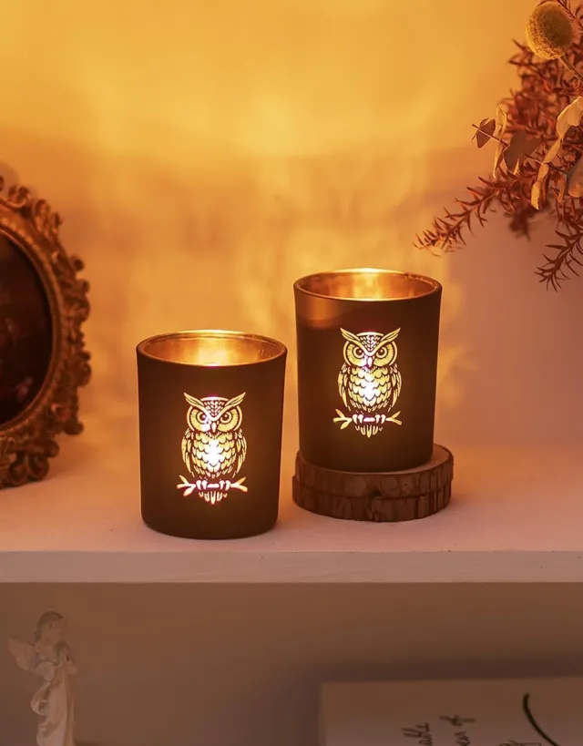 Famanu Set van 2 zwarte en gouden uilen theelichthouders, luxe windlichten van glas voor een elegante tafeldecoratie
