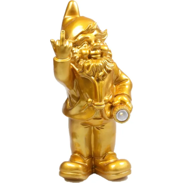 Stoobz Design Tuinkabouter - goud - middelvinger met solar verlichting 31 cm - Tuindecoratie kabouter - Tuinbeeld Goudkleurig