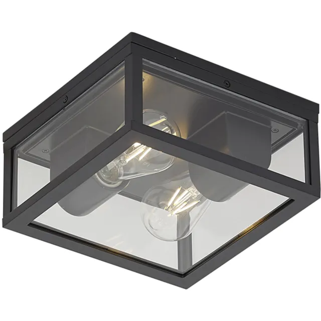 QAZQA industriele plafondlamp, plafonniere voor in de tuin - Charlois - zwart, max. 15W, geschikt voor led, 24cm, IP44, vierkant, 2-lichts
