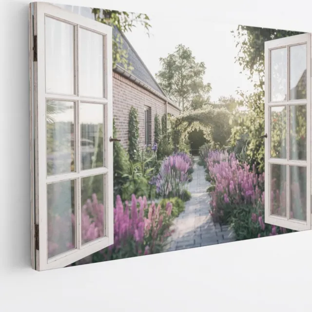 Saammp Canvas Schilderij - bloementuin met huis - Natuur - Doorkijk - 50x40 - Foto op canvas - Wanddecoratie - Muurdecoratie Woonkamer - Slaapkamer decoratie - Canvas Print Multicolor