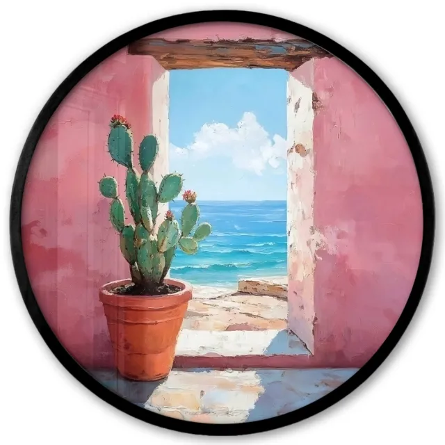 FrameYourWall Poster in lijst Rond - Fotolijst 40x40 cm - Posters - Zee - Roze - Cactus - Ronde posterlijst zwart - Decoratie - Wanddecoratie woonkamer - Muurdecoratie slaapkamer Zee - Cactus