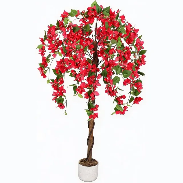 Danky luxe kunstbuganvilla, 120cm roode hoogdetail natuurhout stam met real-touch polyester, exclusieve decoratieve kunstplant met pot