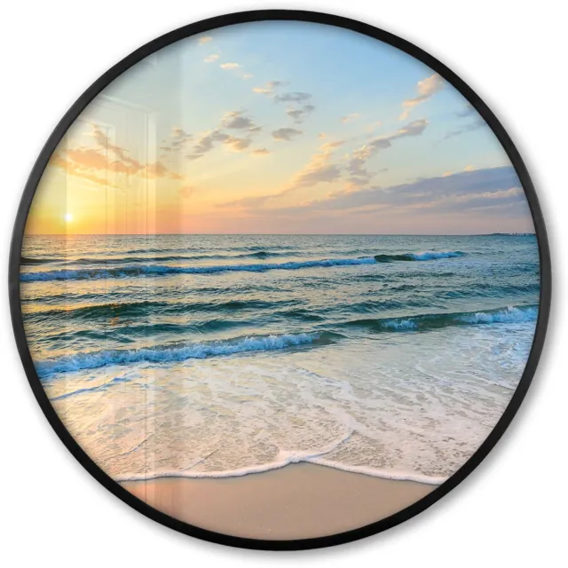 FrameYourWall Poster in lijst Rond - Fotolijst 60x60 cm - Posters - Strand - Zee - Zonsondergang - Golf - Ronde posterlijst zwart - Decoratie - Wanddecoratie woonkamer - Muurdecoratie slaapkamer