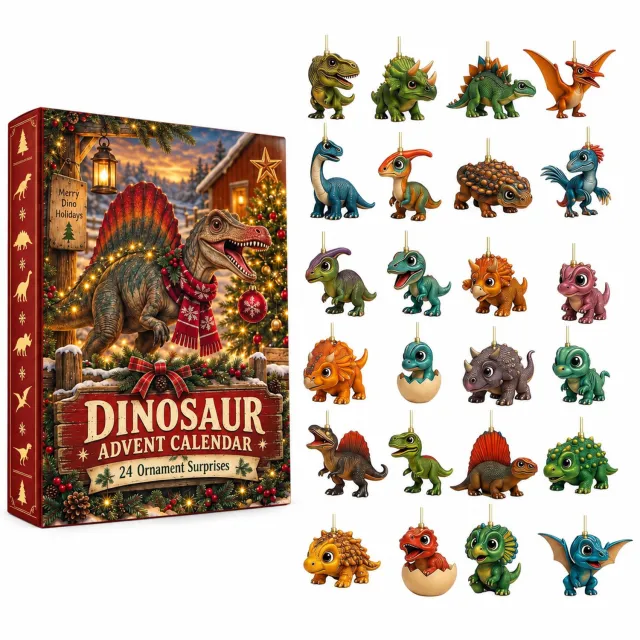 SWGOTA Dinosaurus-adventskalender met 24 decoratieve hangers en ophangkoorden, kerstverpakking van 26 x 18 x 3 cm Groen
