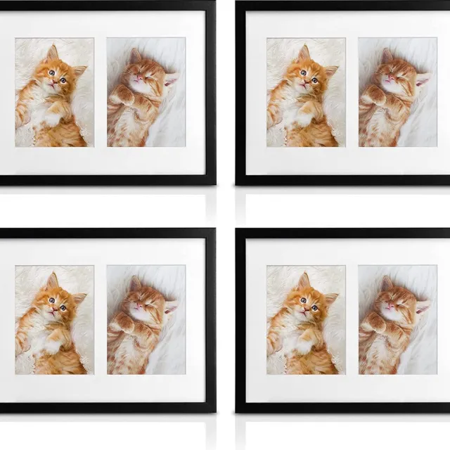 bomoe Galeria fotolijsten set van 4 - houten fotolijst met passepartout houten frame en plastic glas & metalen ophanging lijst voor foto's 4 x 2 foto's - zwart