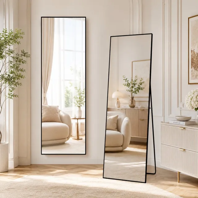 MEXUS Spiegel Volledige Lengte 150x40 cm, Vrijstaande Spiegel met Eenvoudig Frame, Grote HD-Wandspiegel met Haak, Heldere HD-Glazen reflectie, Onbreekbaar en Lichtgewicht (Zwart, 150x40 cm)