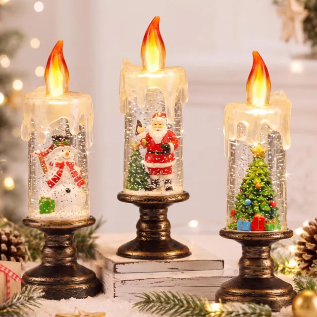 Namajunas kerst nachtlampje kaars - 3-delige set met kerstman, kerstboom en sneeuwpop - retro kandelaar basis - vervangt echte kaarsen, veilig zonder open vuur - huisdecoratie voor de feestdagen - perfect als kerstcadeau transparant