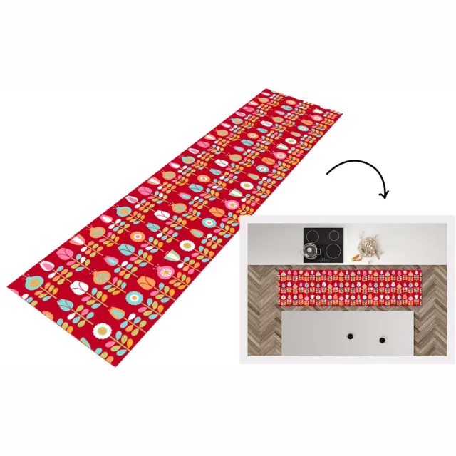 KitchenYeah Keukenloper 200x50 cm - Keukenmat vinyl Patronen - Bloemen - Retro - Rood - Keukenmatten loper - Keuken vloerkleed tapijt