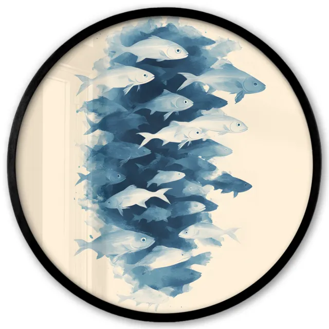 FrameYourWall Poster in lijst Rond - Fotolijst 40x40 cm - Posters - Vissen - Minimalistisch - Blauw - Ronde posterlijst zwart - Decoratie - Wanddecoratie woonkamer - Muurdecoratie slaapkamer
