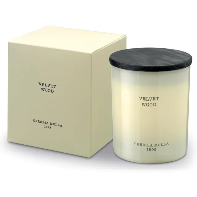 Cereria Mollà 1899 Geurkaars 230 gr 50 u Velvet Wood katoenen lont sojawas ideaal cadeau ivoor - Velvet Wood
