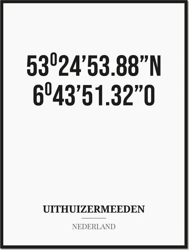 Studio216 Poster/kaart UITHUIZERMEEDEN met coördinaten zwart, wit