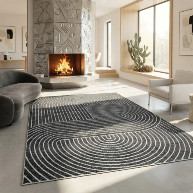 TapisTrend Designer tapijt Antraciet 120x160 cm Modern buitenkleed met concentrische lijnen en geometrische gebogen vormen voor terras, balkon en woonkamer