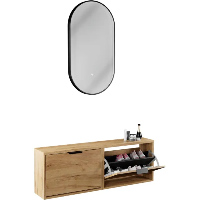 Planetmöbel STIVIO - Schoenenkastset 60 cm - Goud eiken - 3-delig - Met ovale LED-spiegel 1 klep, Goud eiken