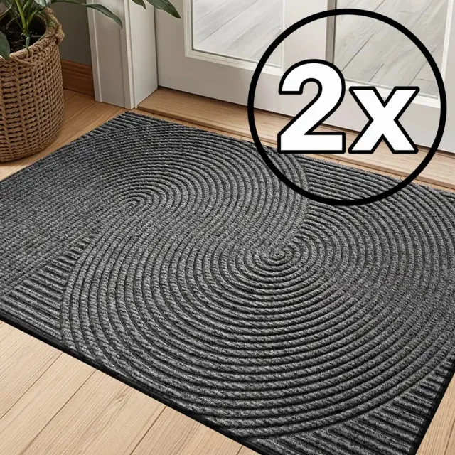 Lersko 2x - Antislip Deurmat met Geometrisch Streepdesign – Grijs– Polyester – Rubberen Onderkant – Gemakkelijk Schoon te Maken – Ideaal voor Entree, Veranda of Garage - 75cm x 45cm 2x Donkergrijs - Geometrisch Design