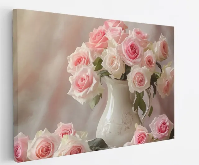 Saammp Canvas Schilderij - Roze bloemen in overvolle vaas - Natuur - Abstract - 40x30 - Foto op canvas - Wanddecoratie - Muurdecoratie Woonkamer - Woonkamer Decoratie Multicolor