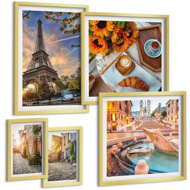 TULUP 5-Delige Schilderij Set - Sfeervolle, charmante uitzichten op Europese steden en cafés. - 50 x 50 cm, 20 x 30 cm en 40 x 60 cm - Decoratieve Schilderijen - Woonkamer - Interieur - Woonkamer Decoratie Gouden lijst
