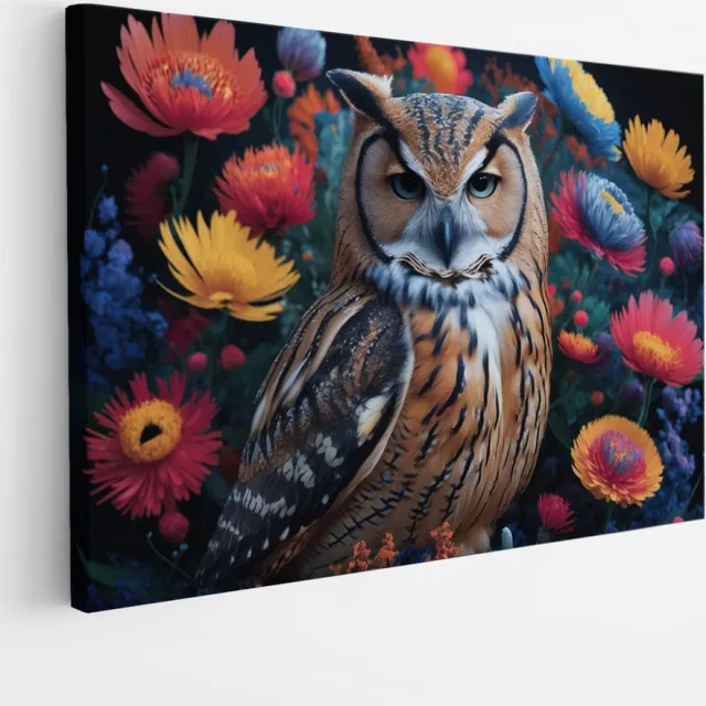 Saammp Canvas Schilderij - Uil tussen kleurrijke bloemen - Abstract - Dieren - 70x50 - Foto op canvas - Wanddecoratie - muurdecoratie Woonkamer - Slaapkamer decoratie - Canvas Print Multicolor