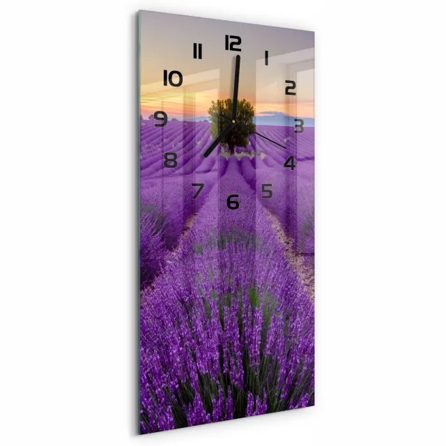 TULUP Wandklok - Lavendelveld Gekleurde Glazen Klok - 30x60 cm - Paars Glazen Klok Met Print - Zwarte handen - Rechthoekige Klok - Moderne Wandklok Glas - Wandklok Glas Decoratie