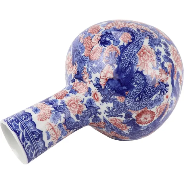 Fine Asianliving Chinese Vaas Blauw Wit Rood Draak Porselein D20xH40cm Rood, Blauw, Wit