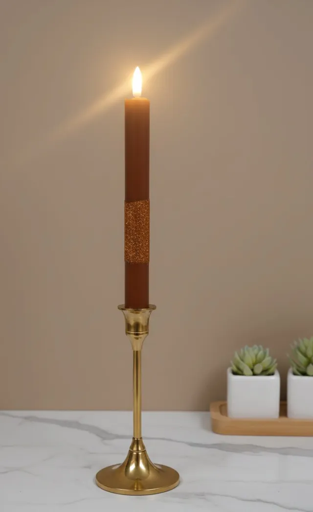 Posh Candle Lab LED Dinerkaars - Bruin met brons glitter - Met Timer - Set van 2 stuks - Inclusief Batterij