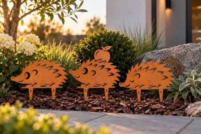 Metaal Decoraties Set van 3 Cortenstaal Egel Tuinstekers – Metalen Tuindecoratie – Roestkleurige Tuinprikkers met Grondpen – Decoratie voor Tuinborder en Bloembak Egels
