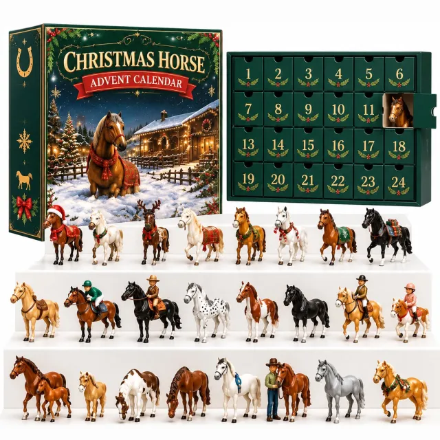 SWGOTA Adventskalender 2026 met paardenminiaturen, 24 genummerde vakjes en kerstdoos Groen
