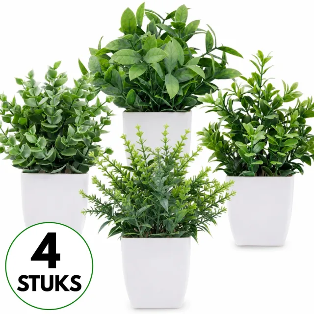 Boncy Premium Kunstplant in pot - 4 Stuks Kunstplanten - Nep planten voor Binnen en Buiten - Kamer Decoratie - Nepplanten Eucalyptus Kunst plant Boompje - Kunstbloemen 4-Pack Groen