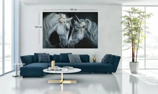 Trendex Global Canvas Schilderij - Witte Paarden met Bloemen - 150x100x2 cm