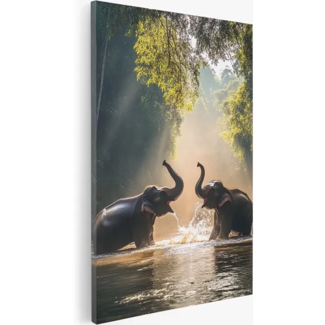 Saammp Canvas Schilderij - 2 spelende olifanten in het water - Dieren - Natuur - 60x90 - Foto op canvas - Wanddecoratie - Muurdecoratie Woonkamer - Slaapkamer decoratie - Canvas Print Multicolor