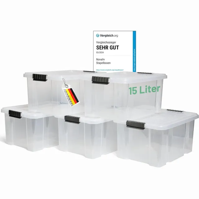 Novaliv 5x opbergdozen met deksel 15L transparant nestbaar stapelbaar opbergdozen met clipsluiting kunststof doos BPA-vrij 41 x 29 x 20 cm