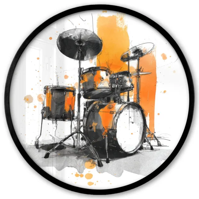 FrameYourWall Poster in lijst Rond - Fotolijst 40x40 cm - Posters - Drumstel - Oranje - Zwart - Aquarelverf - Ronde posterlijst zwart - Decoratie - Wanddecoratie woonkamer - Muurdecoratie slaapkamer