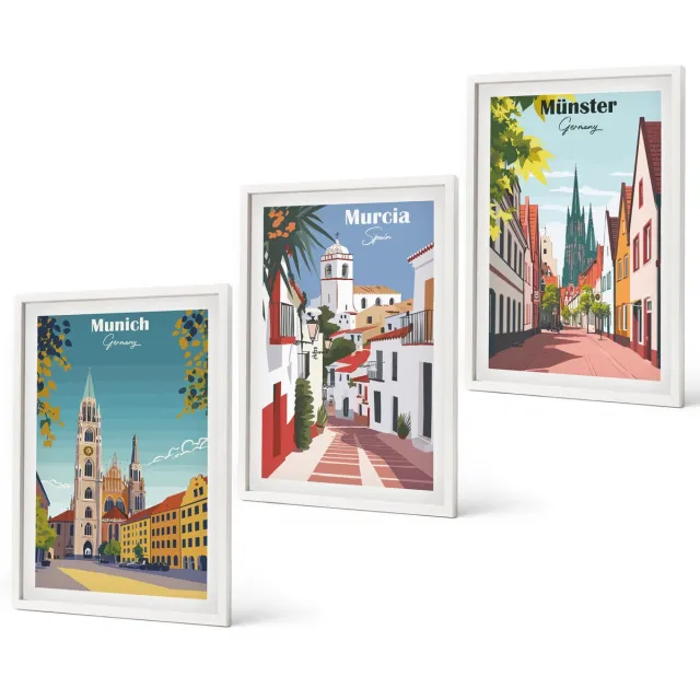 Coloray 3-Delige Schilderij Set - Europese Steden In Kleurrijke Illustraties - 40 x 60 - Decoratieve Schilderijen - Wanddecoratie - Hal - Moderne Wanddecoratie Witte lijst