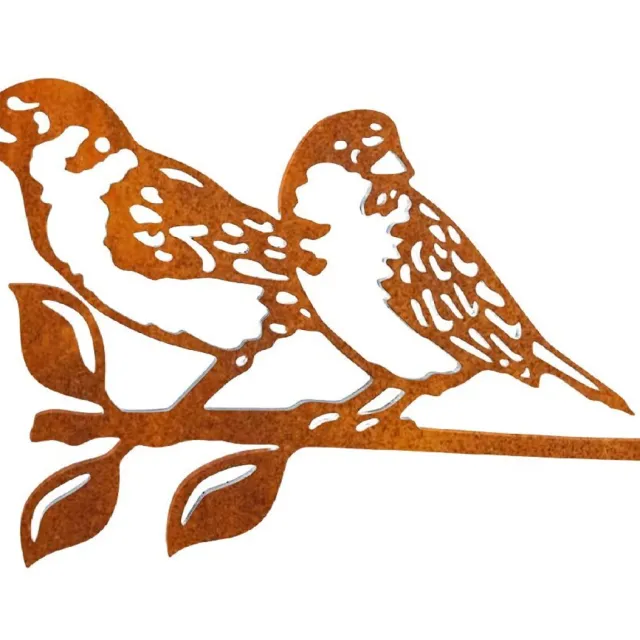 Steelhouet Twee mussen op tak Tuindecoratie - Metaal silhouet - Cortenstaal - Boomprikker - Steelhout - Voor in een boom / hout - Staalsilhouet - Roestende decoratie