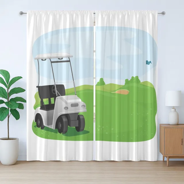 ABAKUHAUS Golfbaanscène Rustiek Gordijn, Auto en Veld, Slaapkamer Gordijn met Plooiing, Lusjes en Haken, 280 x 225 cm, Limegroen Blauw