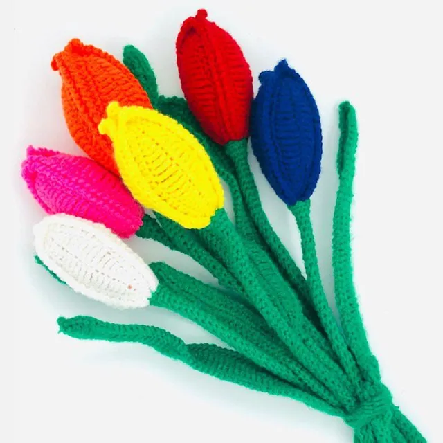 luna-leena duurzaam Hollands tulpenboeket in gemengde kleuren - wol - 6 tulpen bloemen - hand gehaakt in Nepal - Dutch tulips souvenir - jubileum - geboorte - feest - trouwdag - beterschap - verjaardag - tulpen uit Amsterdam roze