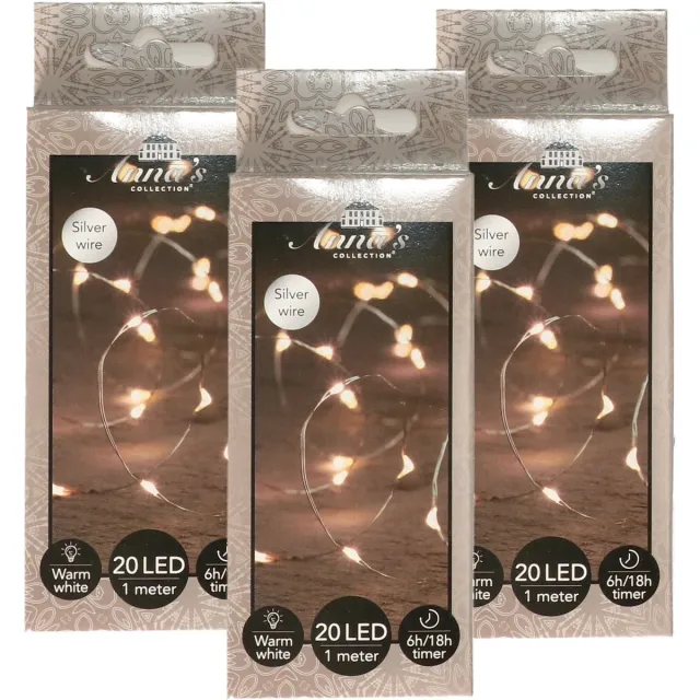 Anna's Collection Draadverlichting lichtsnoer - 3x - 20 led lampjes - warm wit - zilver draad - 100 cm - lichtdraad - kerstverlichting