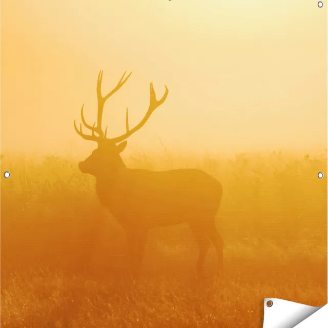 Gards Tuinposter Hert tijdens de Mist - 100x100 cm - Tuindoek - Tuindecoratie - Wanddecoratie buiten - Tuinschilderij Multikleur