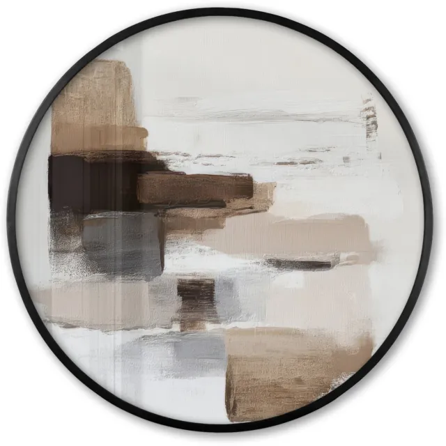 FrameYourWall Poster in lijst Rond - Fotolijst 80x80 cm - Posters - Penseelstreken - Balans - Beige - Bruin - Ronde posterlijst zwart - Decoratie - Wanddecoratie woonkamer - Muurdecoratie slaapkamer