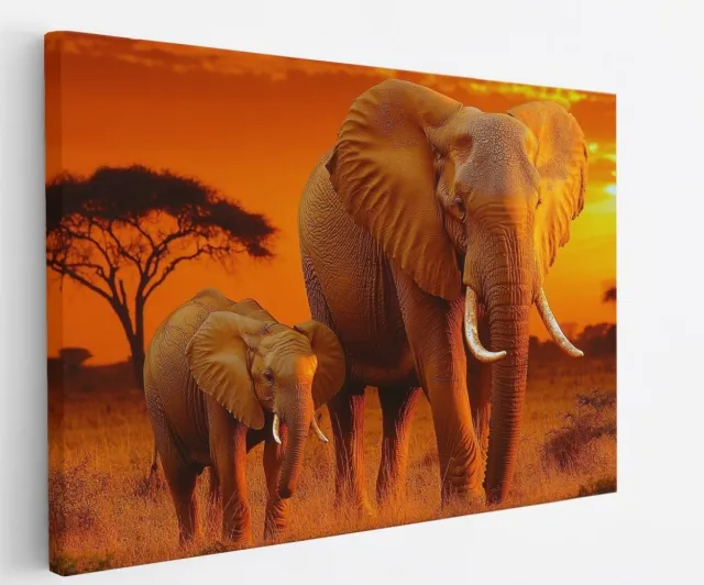 Saammp Canvas Schilderij - Olifant met kalf in zonsondergang - Afrika - Dieren - 40x30 - Foto op canvas - Wanddecoratie - muurdecoratie Woonkamer - Slaapkamer decoratie - Canvas Print Multicolor