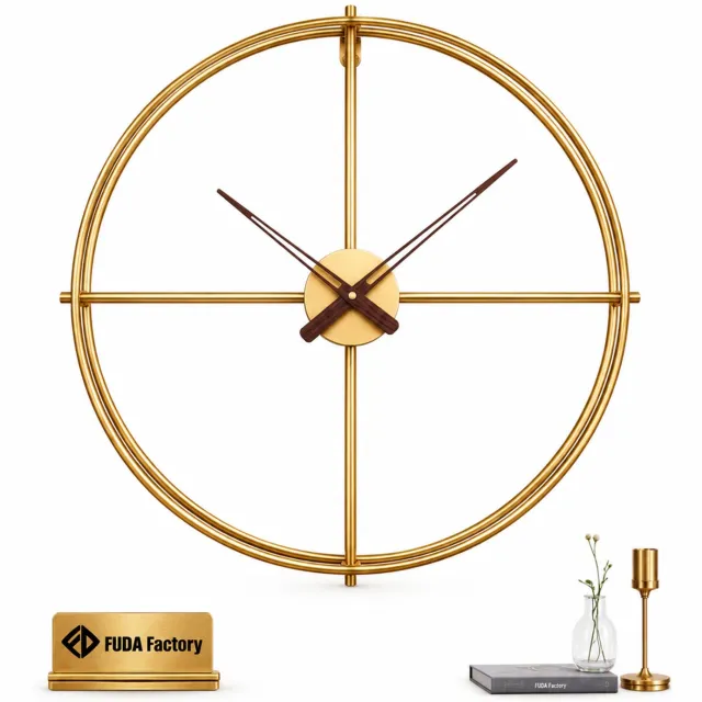 SWGOTA Goudkleurige metalen wandklok 55 x 55 x 6 cm - Open dubbel ringframe met bruine wijzers - Zonder cijfers - 1 stuk