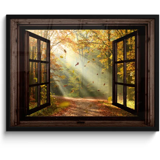 FrameYourWall Poster in lijst - Fotolijst 70x50 cm - Posters - Bos - Bomen - Herfst - Zon - Herfstbladeren - Natuur - Doorkijk - Posterlijst zwart - Decoratie - Wanddecoratie woonkamer - Muurdecoratie slaapkamer Bruin
