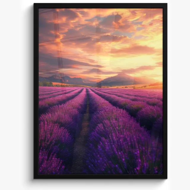 FrameYourWall Poster in lijst - Fotolijst 50x70 cm - Posters - Lavendelveld - Zonsondergang - Paars - Posterlijst zwart - Decoratie - Wanddecoratie woonkamer - Muurdecoratie slaapkamer Bloemen - Lavendel