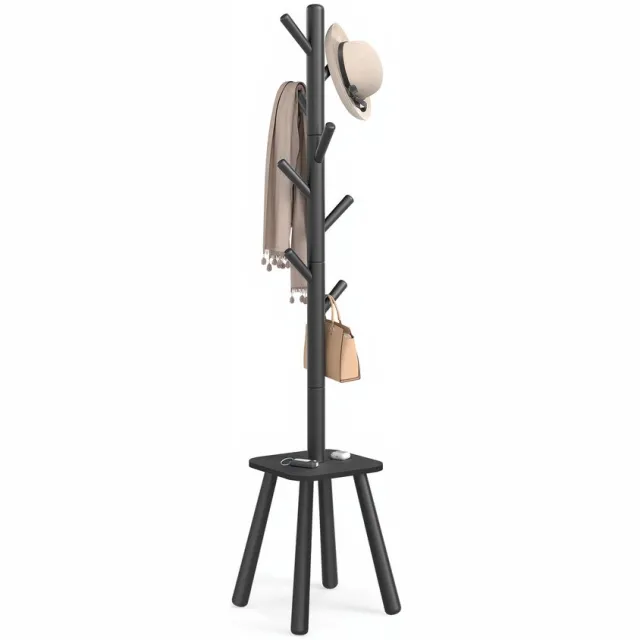 Vasagle Kapstok - Kapstok Hout - Kapstok met 8 Haken - Met Opbergrek - 175,8 cm Hoog Zwart