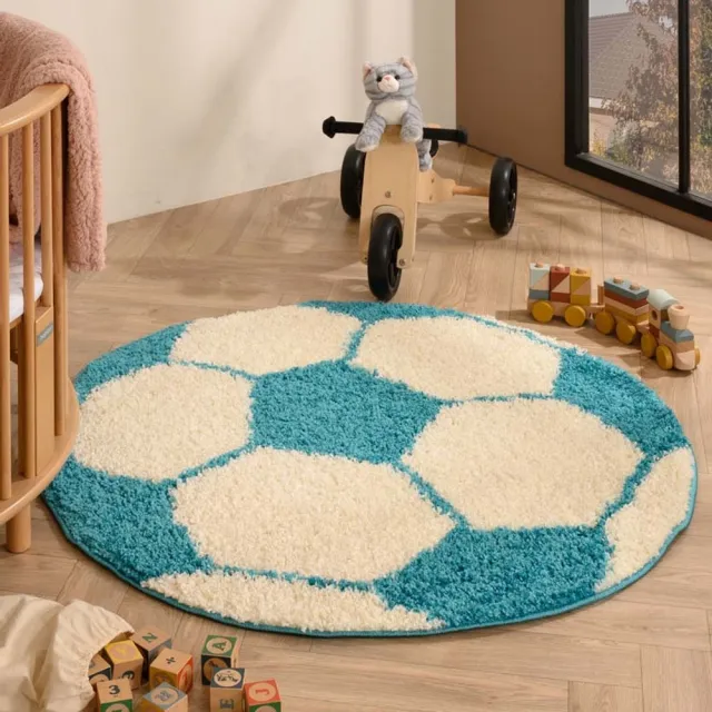 TrueWeave Voetbal vloerkleed rond - Sports crème/turquoise 120