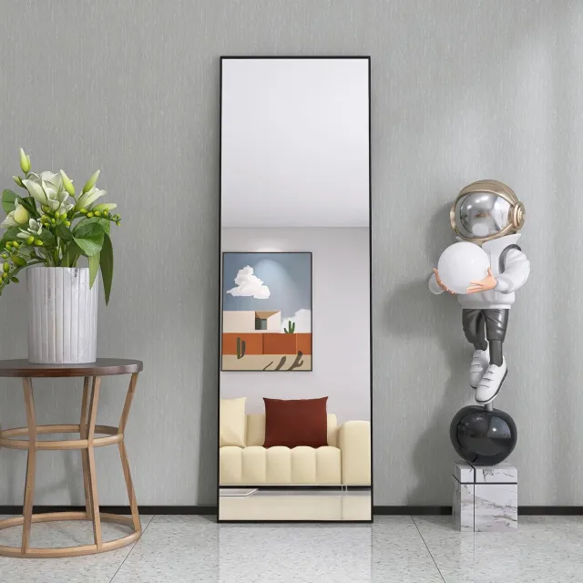 Yelenaro Staande Spiegel 162 x 53 cm, Wandspiegel, Rechthoekige Passpiegel met Aluminium Frame, voor Badkamer, Slaapkamer en Hal, Zwart Zwart Rechthoekige